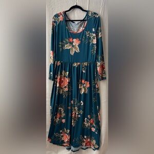 LuLaRoe Pink and Blue Midi Sundress with Bishop Sleeves